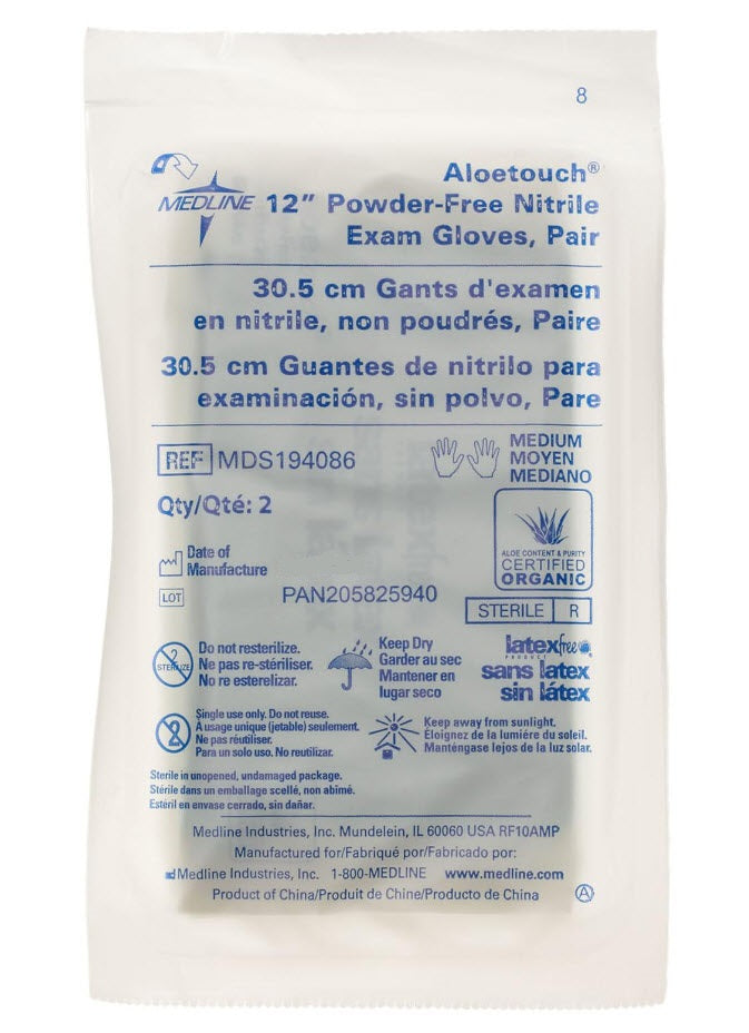 AloeTouch 12" Powder-Free Nitrile Exam Gloves, Sterile Pairs, Size M