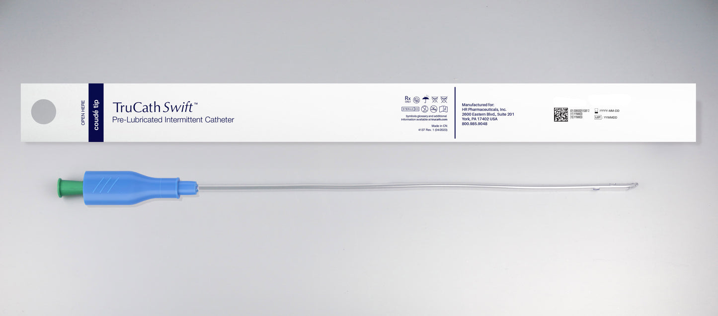 TruCath Swift™ Pre-lubricated Intermittent Catheter, 16 FR, 16'' Length TruProtect® Grip Coude