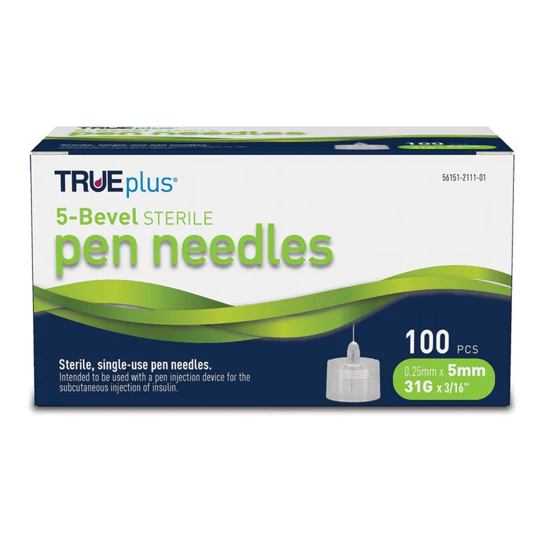 TRUEplus® Sterile, 5 Bevel Pen Needles, 31g, 5mm (3/16 inch) (S8490)