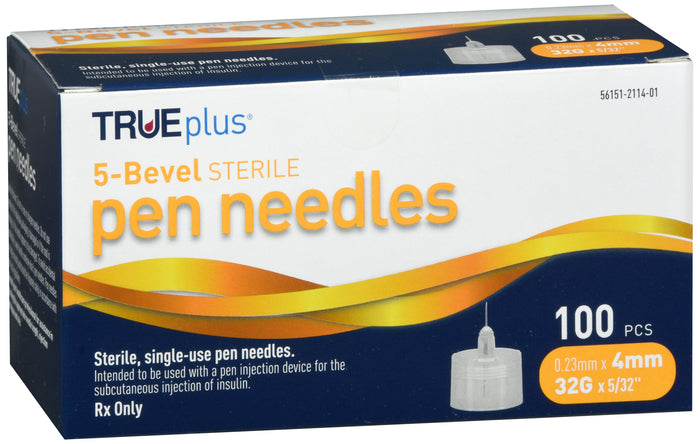 TRUEplus® Sterile, 5 Bevel Pen Needles, 32g, 4mm (5/32 inch) (S8490)