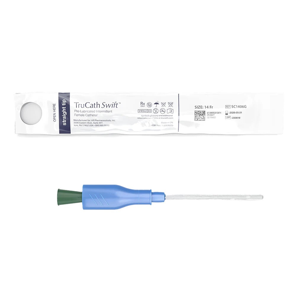 TruCath Swift™ Pre-lubricated Intermittent Female Catheter, 14 FR, 6'' Length, TruProtect® Grip