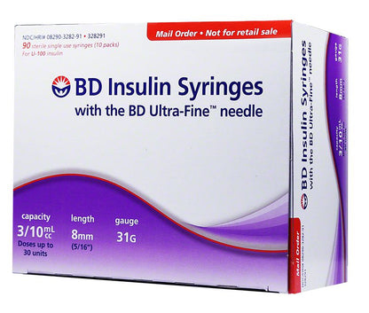 BD™ Ultra-Fine™ Short Needle Insulin Syringe, 3/10 cc, 31 G x 8 mm   90/bx