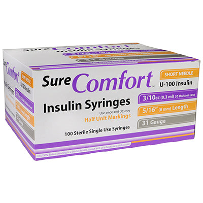 SureComfort™ Insulin Syringes, 3/10cc, 31G x 5/16", 1/2 Unit