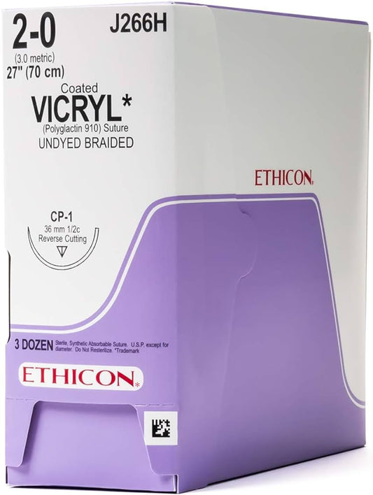 Ethicon Vicryl Suture,Polyglactin 910 Size 2-0, 27",Braided, Needle CP-1, 1/2 Circle