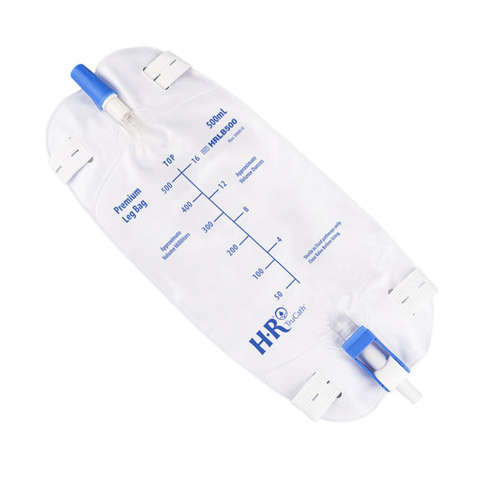 Leg Bag, 500 mL with Flip Drainage Valve, Flocked Backing, Latex-free Fabric Leg Straps, and Extension Tubing