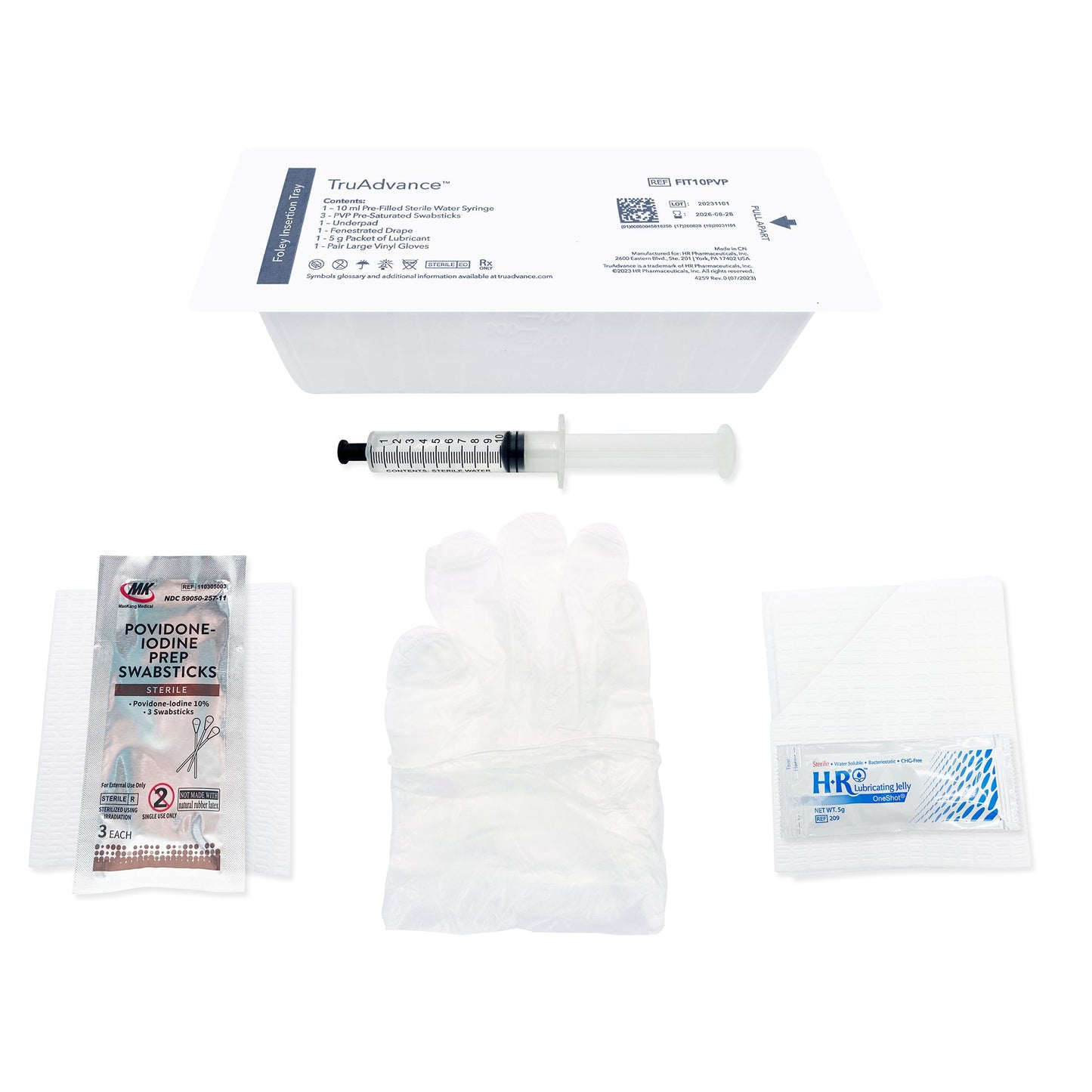 TruAdvance™ Foley Insertion Tray 800ml Peel-Lid Tray, 10cc Pre-Filled Sterile Water Syringe, (3) PVP Pre-Saturated Swabsticks, Underpad, Fenestrated Drape, 5 g Packet of Lubricant, and 1 Pr. Large Vinyl Gloves