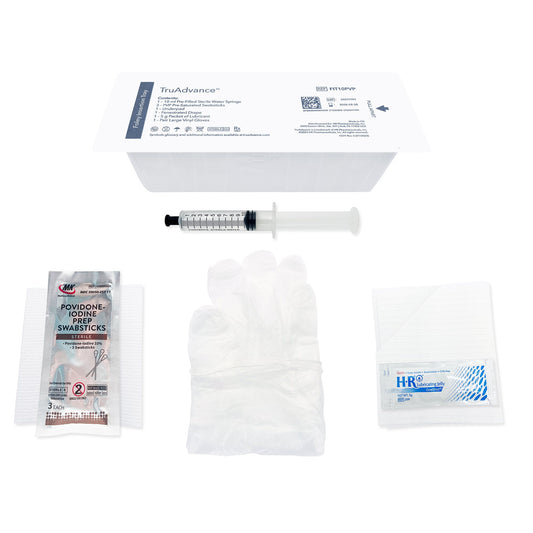 TruAdvance™ Foley Insertion Tray 800ml Peel-Lid Tray, 10cc Pre-Filled Sterile Water Syringe, (3) PVP Pre-Saturated Swabsticks, Underpad, Fenestrated Drape, 5 g Packet of Lubricant, and 1 Pr. Large Vinyl Gloves