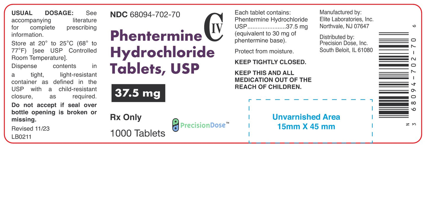 Phentermine Hydrochloride 37.5mg Tablets 1000ct (CIV)