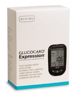 GLUCOCARD® Expression™ Audible Blood Glucose Monitoring System, Promo, Meter, 2 Alkaline AAA Batteries, User & Quick Reference Guide, Carrying Case, Self-testing Logbook