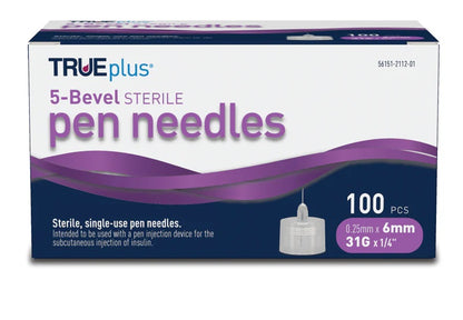 TRUEplus® Sterile, 5 Bevel Pen Needles, 31g, 6mm (1/4 inch)  (S8490)