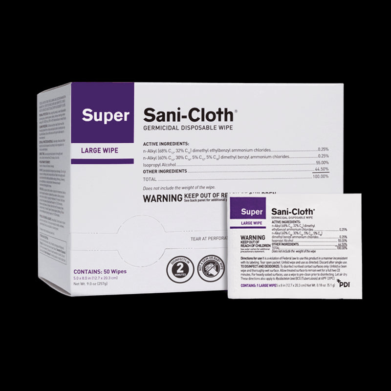 Super Sani-Cloth® Germicidal Disposable Large Wipes, Individuals, 5" x 8"