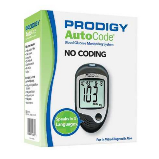Prodigy AutoCode® Blood Glucose Monitoring System, Meter, 2 AAA Batteries, 10 Prodigy® Test Strips, Lancing Device, 10 Sterile Lancets, 1 Control Solution, User & Carrying Case, Logbook, Warranty Card  (E0607)(Not for E-Commerce Sale)