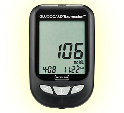 GLUCOCARD® Expression™ Audible Blood Glucose Monitoring System, Promo, Meter, 2 Alkaline AAA Batteries, User & Quick Reference Guide, Carrying Case, Self-testing Logbook
