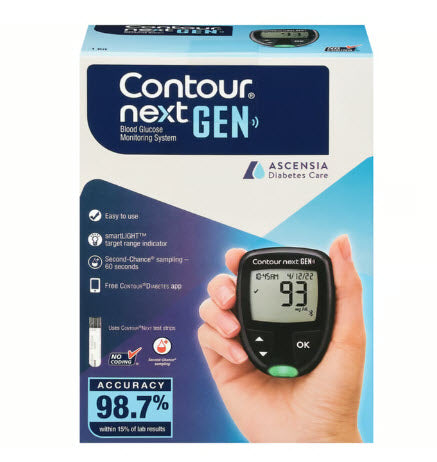 CONTOUR® NEXT GEN Blood Glucose Monitoring System, Retail Kit, CONTOUR® NEXT Blood Glucose Meter, Lancing Device, 10 Colored Lancets, User & Quick Reference Guide, Carrying Case, Logbook, Warranty Card