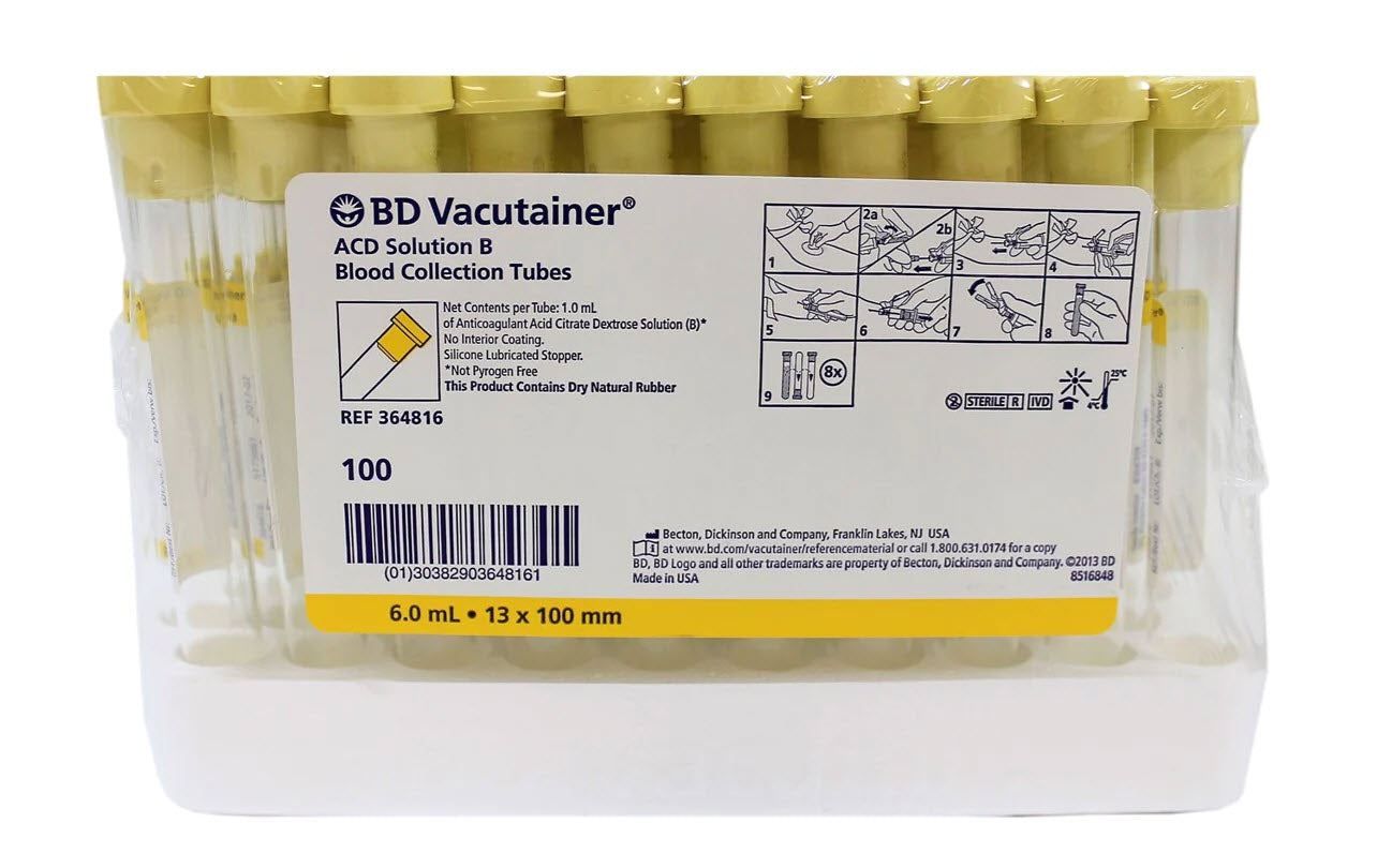 BD Vacutainer® ACD Glass Tube, Conventional Stopper, 13 x 100mm, 6.0mL, Yellow, Paper Label, ACD Solution B of Trisodium Citrate 13.2g/L, Citric Acid 4.8g/L & Dextrose 14.7g/L, 1.0mL