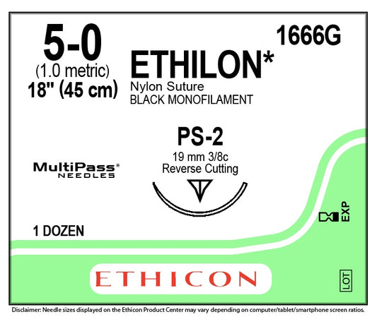 Ethilon™ Nylon Suture, Black Monofilament, 5-0, 18", 3/8 Circle PPT Reverse Cutting, PS-2 Needle