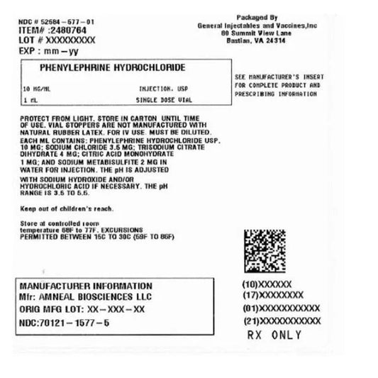 Phenylephrine HCl SDV Inj. N-R 10mg/mL, NON-RETURNABLE