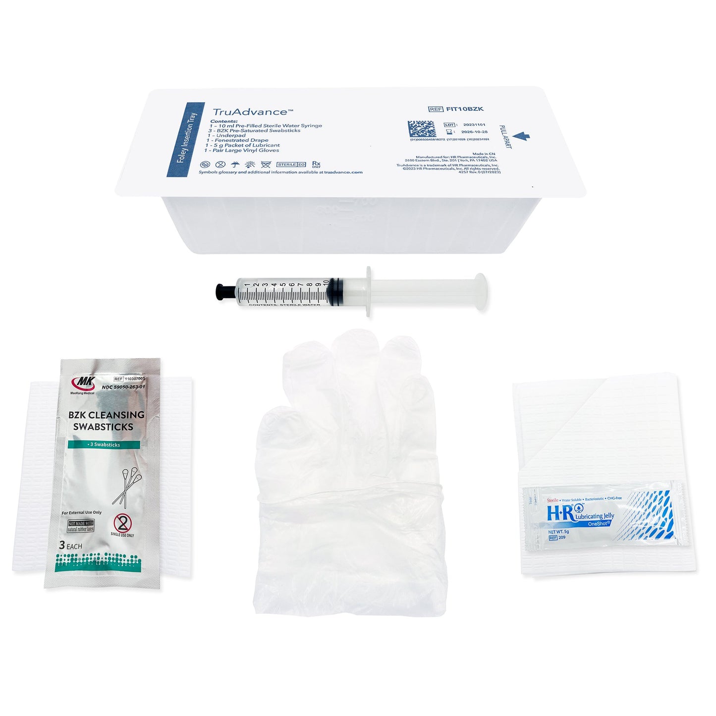 TruAdvance™ Foley Insertion Tray 800ml Peel-Lid Tray, 10cc Pre-Filled Sterile Water Syringe, (3) BZK Pre-Saturated Swabsticks, Underpad, Fenestrated Drape, 5 g Packet of Lubricant, and 1 Pr. Large Vinyl Gloves