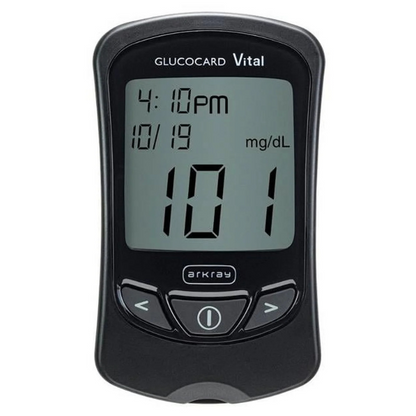 GLUCOCARD® Vital™ Blood Glucose Monitoring System, Black, Meter 3V Lithium Battery Installed, 10 Test Strips, Lancing Device, 10 Lancets, 1 Control Solution, User & Quick Reference Guide, Carrying Case, Logbook