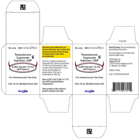 Testosterone Cypionate Inj. 2000mg/10mL MDV (1) 10mL Vial (CIII)