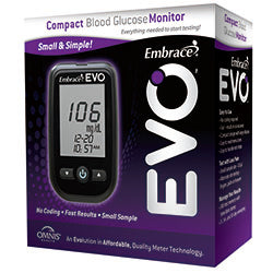 Embrace® EVO™ Mini Meter-All-In-One, 50 Test Strips, 50 Lancets, Lancing Device, 1-3V CR2032 Battery, User's Manual, Carrying Case, and Log Book