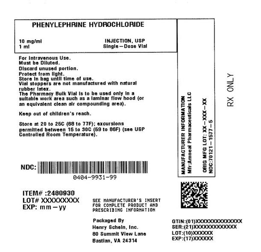 Phenylephrine HCl Inj. 10mg/mL, SDV 1ml (1) Vial (Repack)