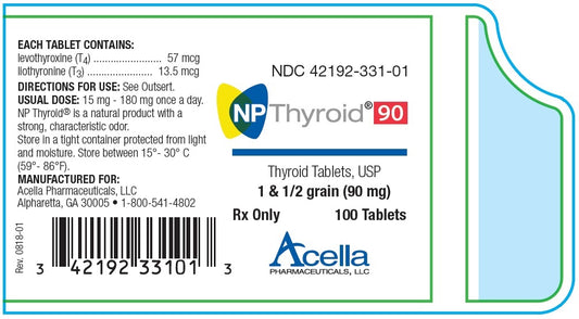 NP Thyroid 90mg Tablets (1.5 grain), 100ct Bottle