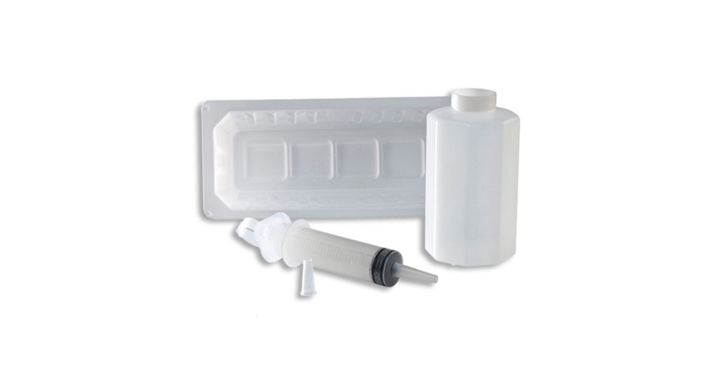 Dover Irrigation Tray with Piston Syringe, Tray Includes: 1200 ml Outer Basin Tray, 500 ml Plastic Graduate, 60 ml Bulb Syringe, Towel, Antiseptic Wipe