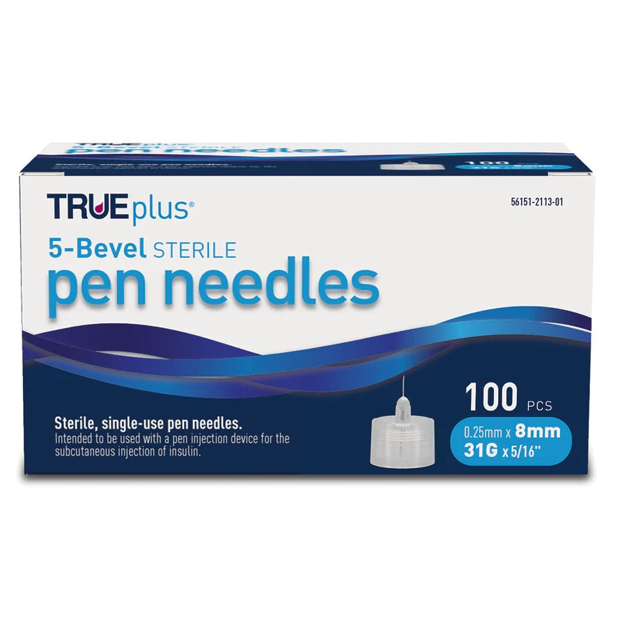 TRUEplus® Sterile, 5 Bevel Pen Needles, 31g, 8mm (5/16 inch)  (S8490)