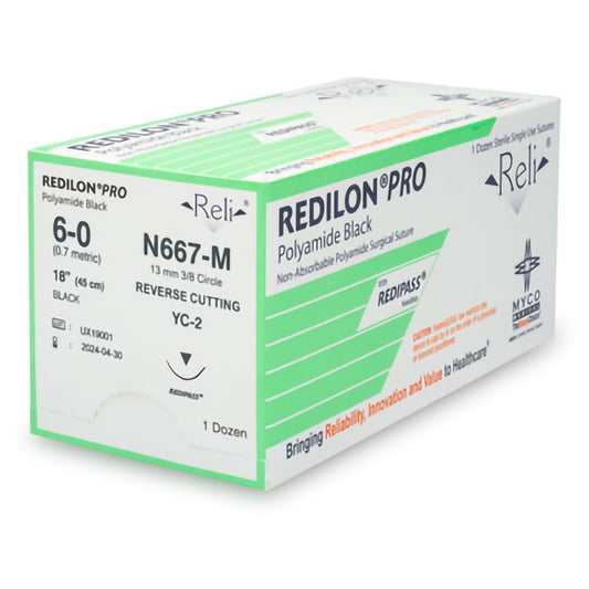 Redilon™ Pro Suture, Black Nylon, 6-0, 18", Needle YC-2, 3/8" Circle Reverse Cutting