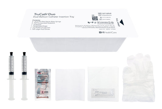 TruCath® Duo Dual-Balloon Catheter Insertion Tray 800 ml Peel-Lid Tray, 2x10 ml Pre-Filled Sterile Water Syringe, (3) PVP Pre-Saturated Swabsticks, Underpad, Fenestrated Drape, 5 g Packet of Lubricant, and 1 Pr. Large Vinyl Gloves