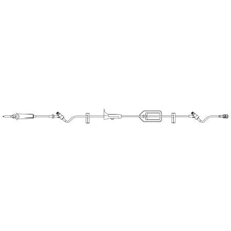 IV Admin Set, Universal Spike, Backcheck Valve, Needle-Free Access Ports 76" & 6" Above Distal End, Roller Clamp, Slide Clamp, SUPOR Membrane 0.2 Micron Air-Eliminating Filter, Sliding SPIN-LOCK Connect, DEHP & Latex Free, 15 Drops/mL, 22mL Priming