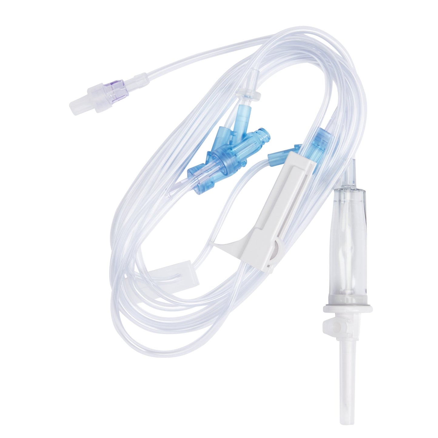 IV Admin Set, (15 drops/mL) Universal Spike, Roller & Slide Clamp, Backcheck Valve, Needle-Free Access Ports 85", 41" & 6 in. Above Distal End, SPIN-LOCK® Connector, DEHP & Latex Free (LF), Priming Volume: 20mL, 112"L