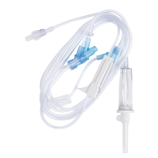 IV Admin Set, (15 drops/mL) Universal Spike, Roller & Slide Clamp, Backcheck Valve, Needle-Free Access Ports 85", 41" & 6 in. Above Distal End, SPIN-LOCK® Connector, DEHP & Latex Free (LF), Priming Volume: 20mL, 112"L