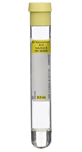 BD Vacutainer® ACD, Glass, Conventional Yellow Stopper, 16 x100mm, 8.5mL, Paper, ACD Solution A (Trisodium Citrate 22.0g/L,Citric Acid 8.0g/L,Dextrose 24.5g/L,1.5mL (MinExpiry Lead:90 days) (Temp Sensitive; Non-Returnable; Continental US,Contracted