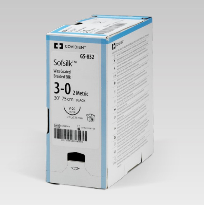 Medtronic Sofsilk™ Silk Suture, Black Monofilament, Taper Point, Size 1, 30", Needle V-20