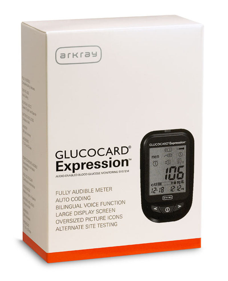 GLUCOCARD® Expression™ Blood Glucose Monitoring System Kit, Conversions Only, Meter, 2 Alkaline AAA Batteries, 10 Test Strips, Lancing Device, 10 Lancets, Control Solution, User & Quick Reference Guide, Carrying Case, Self-testing Logbook