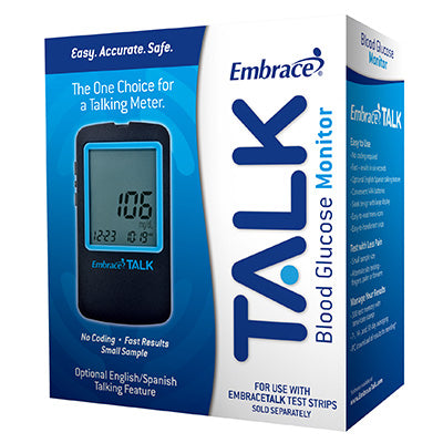 Embrace® TALK™ Blood Glucose Meter Only, 2 AAA Batteries, Carrying Case, Log Book, Instructions