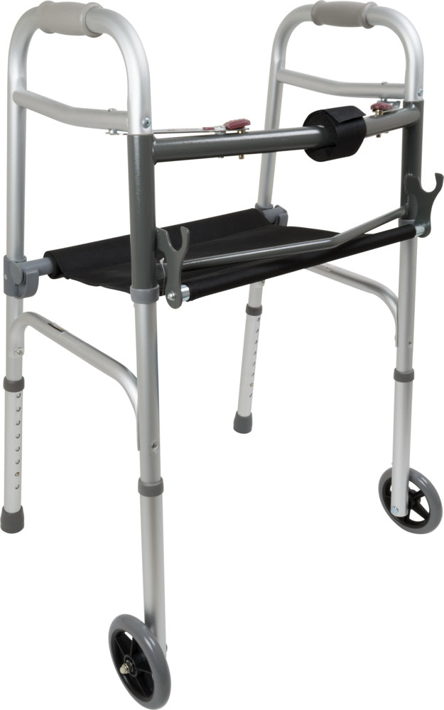 ProBasic Two-Button Folding Walker w/5" Wheels & Roll Up Seat